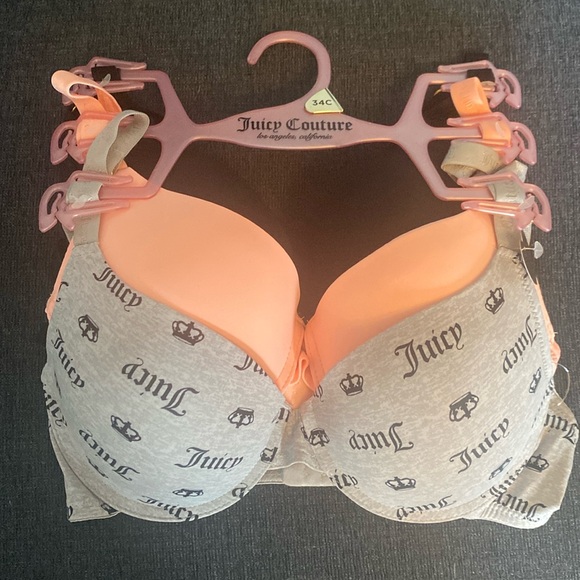 Juicy Couture Gray Logo, Coral and Black Sexy Push-up Bra 3 Piece Set 34C - Picture 1 of 4